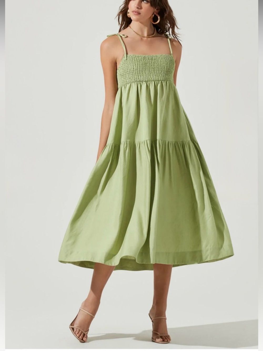 Astr Light Green Tie-Shoulder Smocked Midi Dress